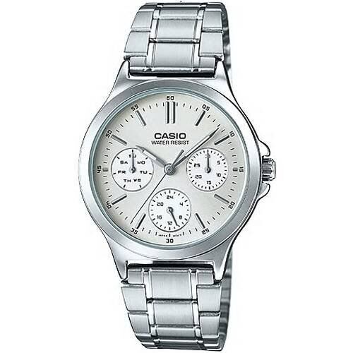 Casio LTP-V300D-7A White Ladies Watch Silver multifunction Band Analog