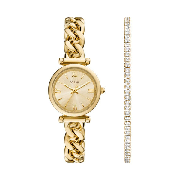 Fossil Women's Carlie Three-Hand Gold-Tone Stainless Steel Watch and Bracelet Set