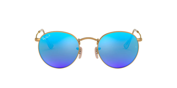 Ray-Ban Rb3447 Round Metal Sunglasses, Matte Gold/Polarized Blue Mirror, 53 mm