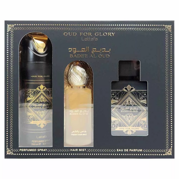 Lattafa Bade'e Al Oud 3pc GIFT SET 3.4oz EDP + Hair Mist + Body Spray NEW