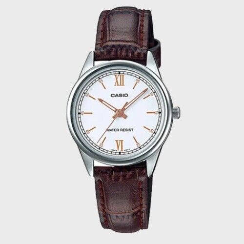 Casio LTP-V005L-7B3 Analog White Dial Brown Leather Ladies Roman Casual Watch