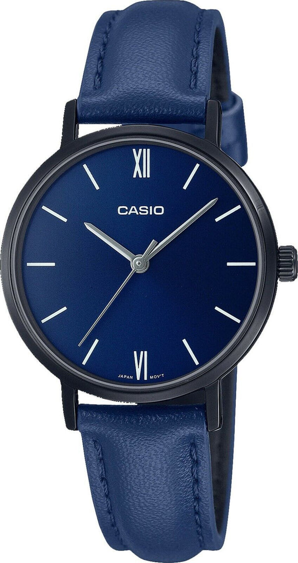 Casio LTP-VT02BL-2A Women's Minimalistic Black IP Blue Dial Leather Band Watch