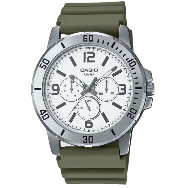 Casio Standard Chronograph White Dial Green Resin Strap Men Watch MTP-VD300-3BUD