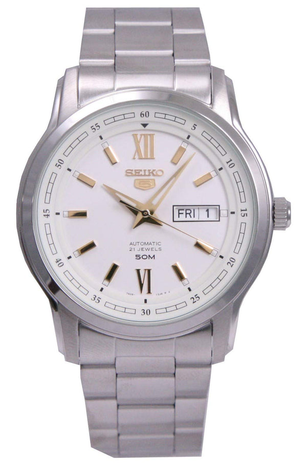 SEIKO 5 Automatic White Dial Men's Watch SNKP15K1 Gold Accent 50M Water Resist