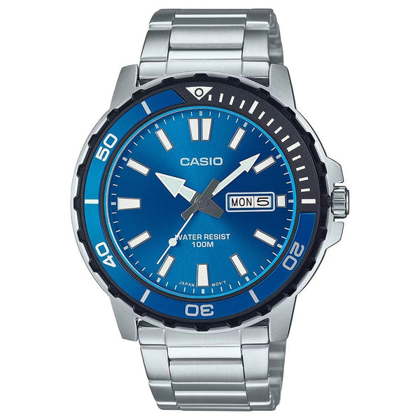 Casio MTD125D-2A1V Men's Marine Sport Stainless Steel Blue Dial Day Date 100M Analog Watch, Silver