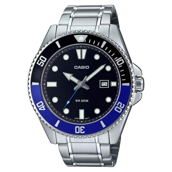 Casio MDV107D-1A2V Men's Stainless Steel 200M Black/Blue Bezel Black Dial 3-Hand Anlog Dive Watch