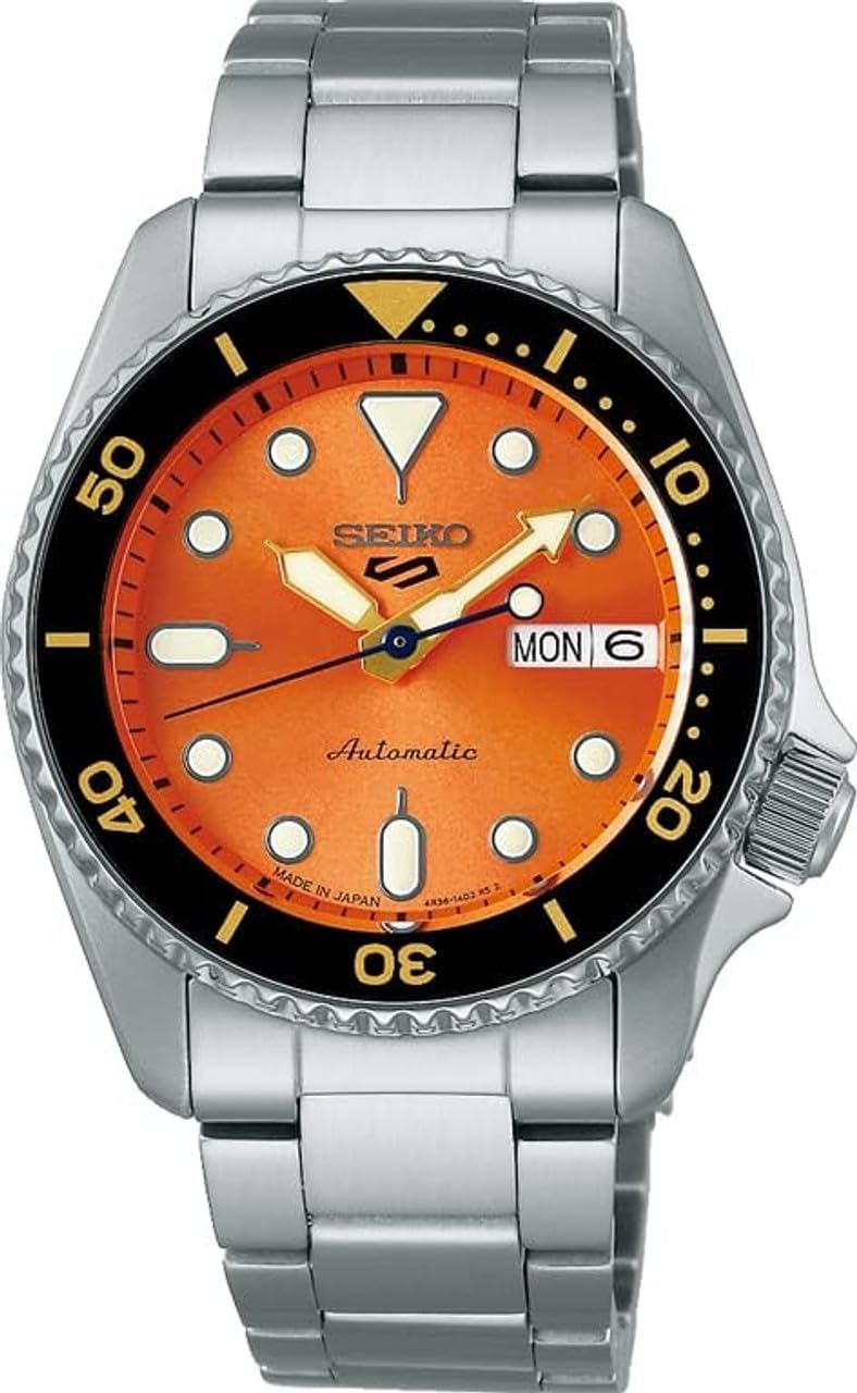 SEIKO Men's Pumpkin Orange Satin Dial Silver 5 Sports Automatic Analog Watch