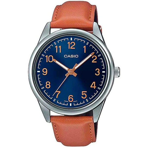 Casio MTP-V005D, Blue dial Brown Leather Strap Classic Mens Watch