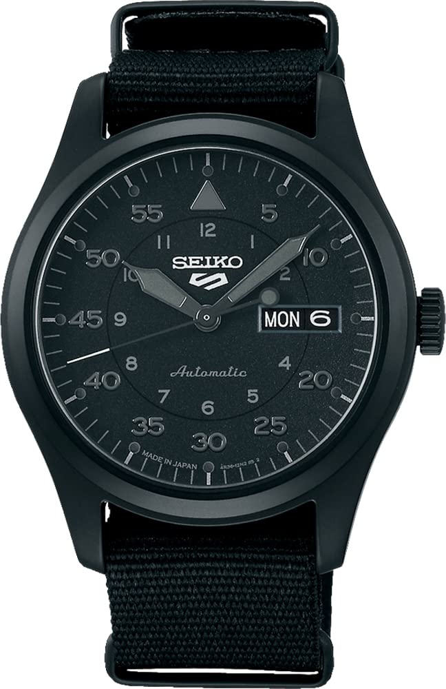 SEIKO SRPJ11 Seiko 5 Sports All Black Menâs Field Watch with Nylon Strap