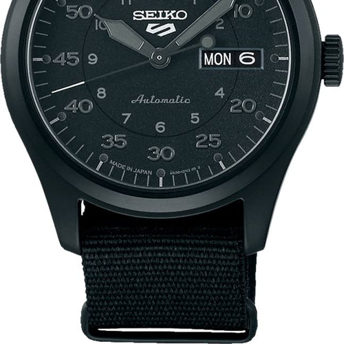 SEIKO SRPJ11 Seiko 5 Sports All Black Menâs Field Watch with Nylon Strap