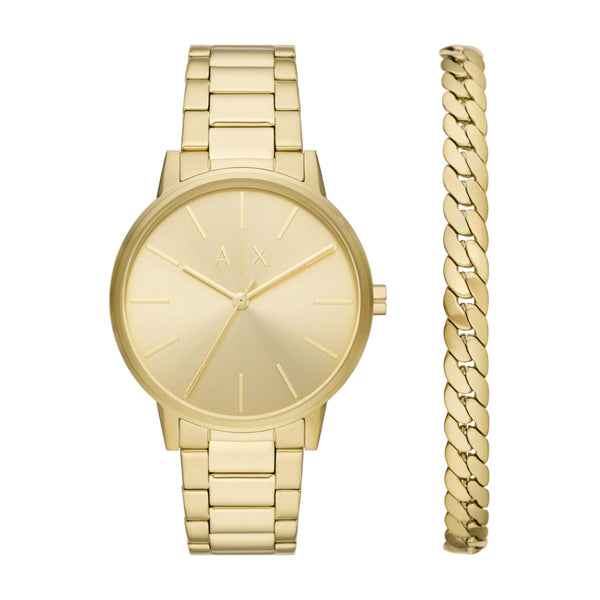 A|X Armani Exchange Three-Hand Gold-Tone Stainless Steel Watch and Bracelet Gift Set (Model: AX7144SET)