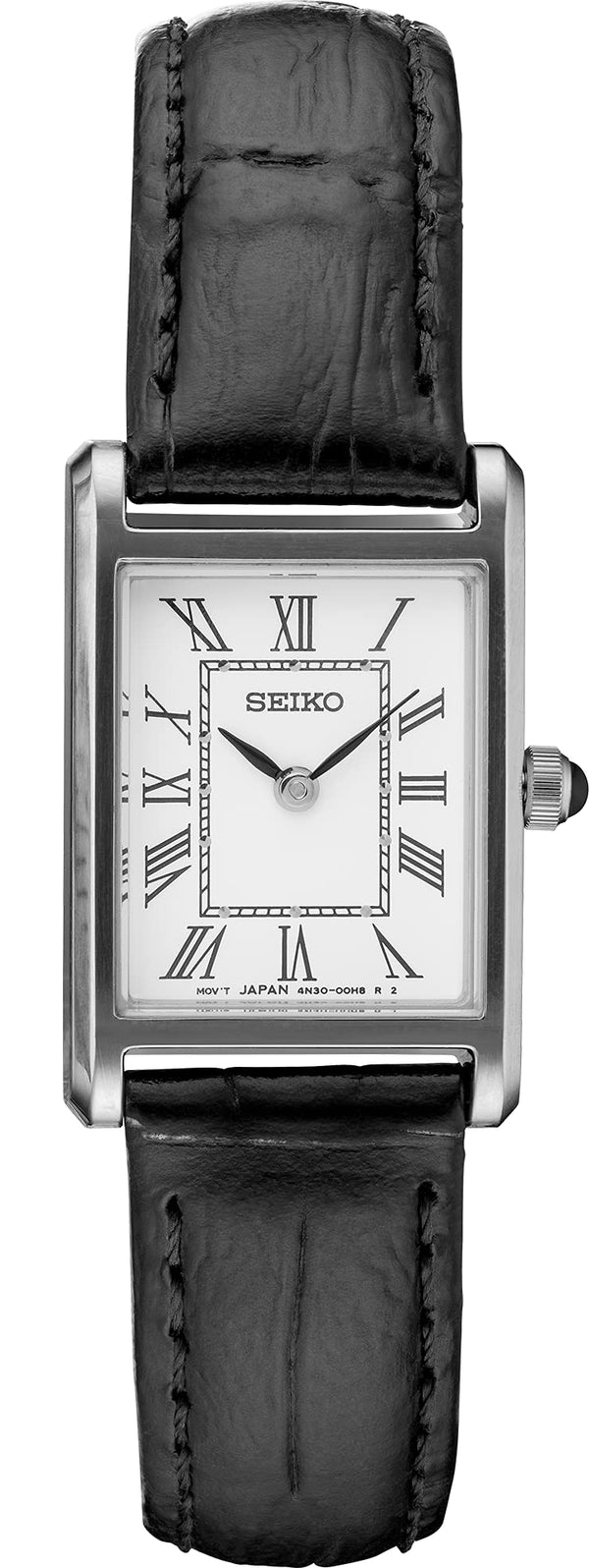 Seiko SWR053 Women's Analog Watch, Water Resistant, 30M, White Dial with Roman Numerals, Rectangular Case, Black Leather Strap