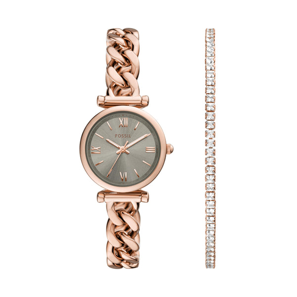 Fossil Women's Carlie Three-Hand Rose Gold-Tone Stainless Steel Watch and Bracelet Set