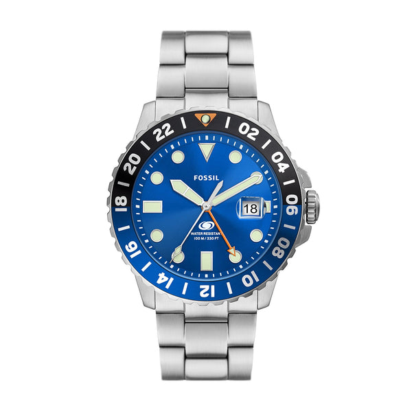 Fossil Men's Blue GMT Stainless Dual Time Watch, Color: Silver (Model: FS5991)