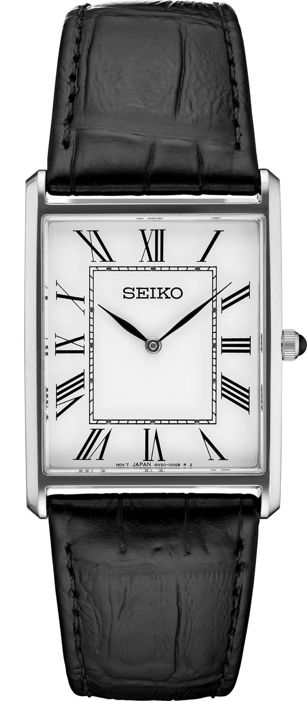 Seiko,men Square Black Leather Watch SWR049