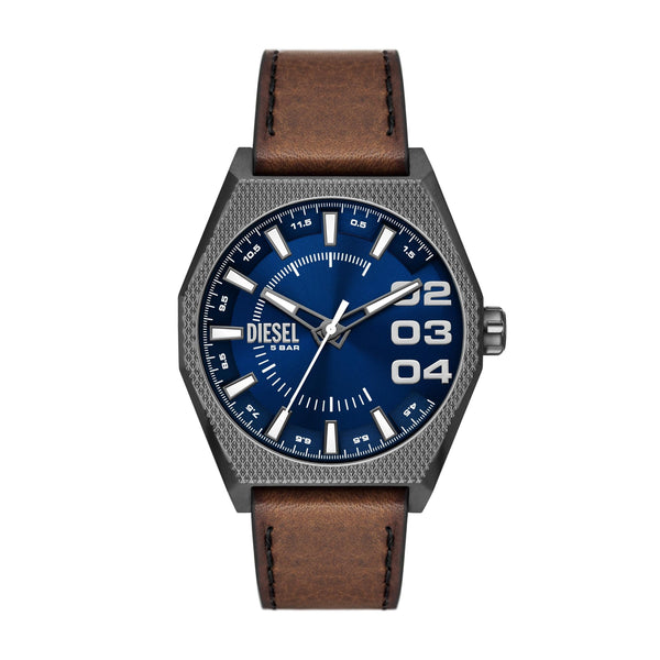 Diesel Scraper Stainless Steel and Leather Three-Hand Analog Men's Watch, Color: Gunmetal, Brown (Model: DZ2189)