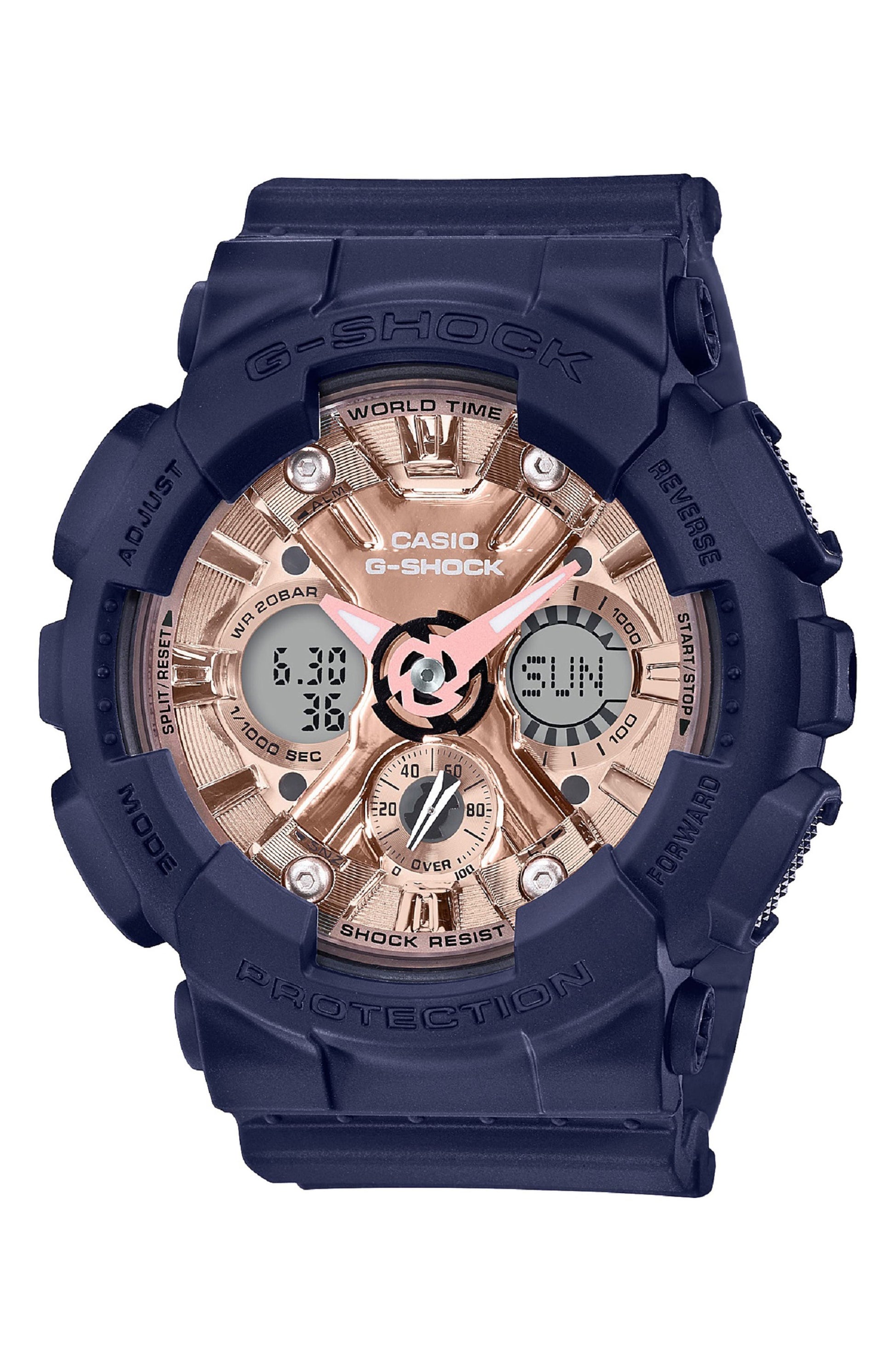 Casio G-Shock S Series Digital Analog Ladies Watch GMA-S120MF-2A2 Blue Rose Gold