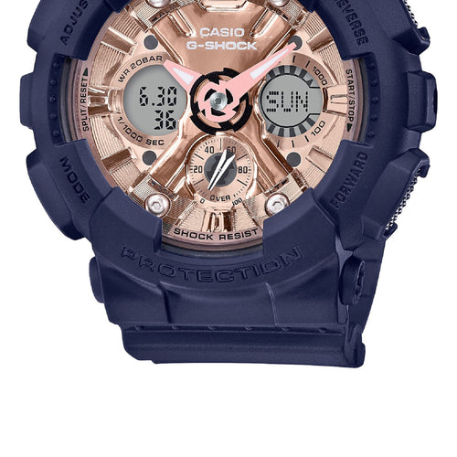 Casio G-Shock S Series Digital Analog Ladies Watch GMA-S120MF-2A2 Blue Rose Gold