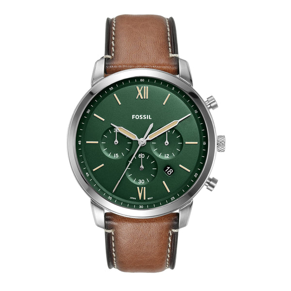 Fossil Men's Neutra Quartz Stainless Steel and Leather Chronograph Watch, Color: Silver/Green, Brown (Model: FS5963)