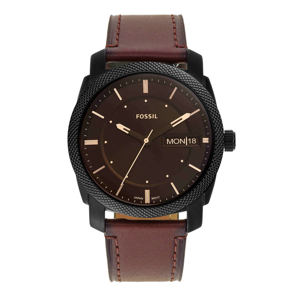 Fossil Men's Machine Quartz Stainless Steel and Leather Three-Hand Watch, Color: Black, Dark Brown (Model: FS5901)