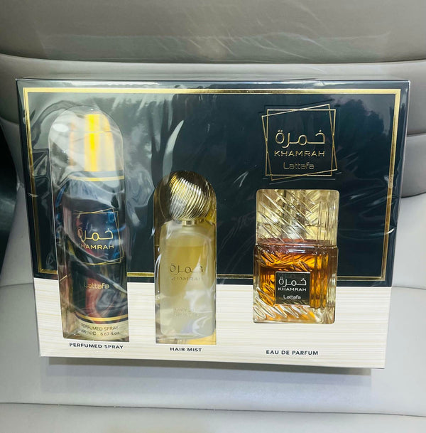 LATTAFA KHAMRAH COLLECTION GIFT SET EDP 3.4FL.OZ, BODY SPRAY + HAIR MIST