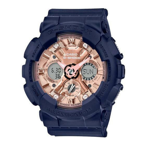 Casio G-Shock S Series Digital Analog Ladies Watch GMA-S120MF-2A2 Blue Rose Gold