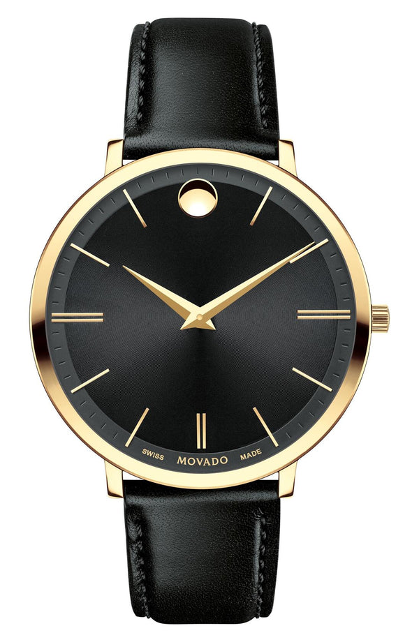 Movado Women s Ultra Slim Black Dial Watch - 607091 Leather Gold tone