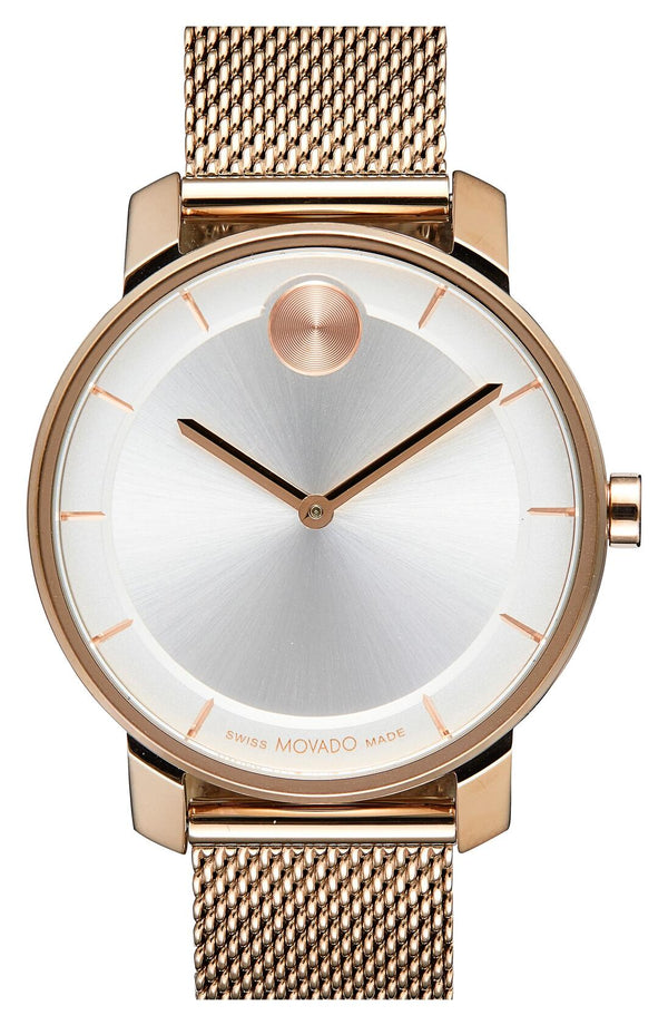 Movado Bold Mesh Strap Watch, 34mm in Silver/White/Rose Gold at Nordstrom