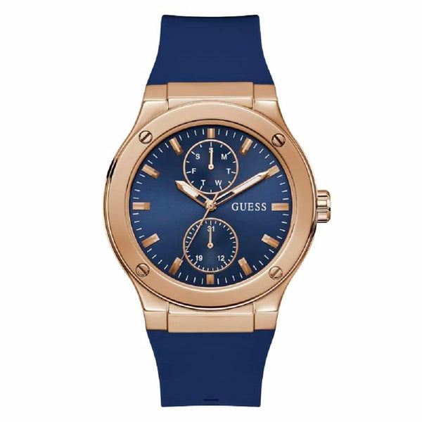GUESS Men's 45mm Watch - Blue Strap Blue Dial Rose Gold Tone Case