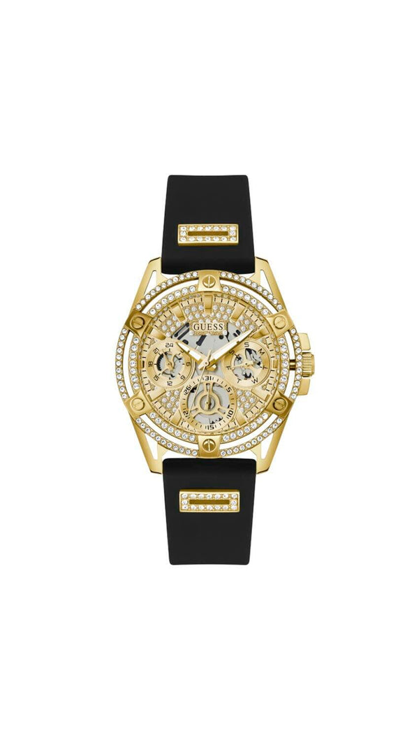 GUESS Ladies 40mm Watch - Black Strap Champagne Dial Gold Tone Case