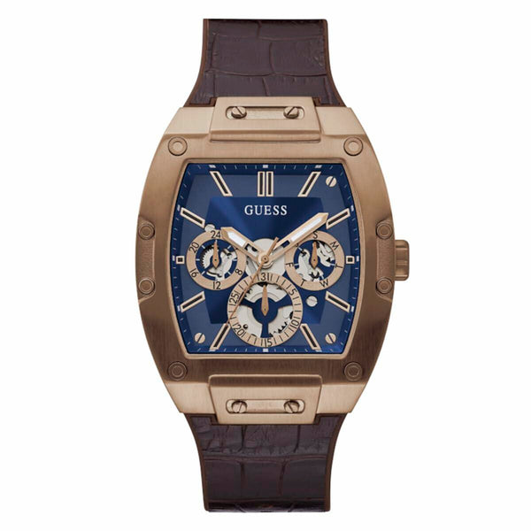 GUESS Mens Trend Multifunction 43mm Watch – Coffee Stainless Steel Case with Blue Diamond Dial & Brown Croco Leather Strap