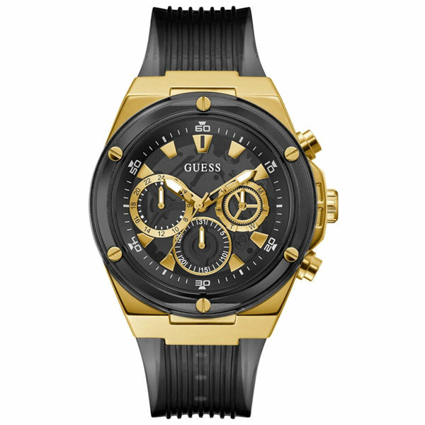 GUESS Men's Sport Multifunction 46mm Watch – Black Dial Gold-Tone Stainless Steel Case with Black Bio-Based Polyurethane Strap