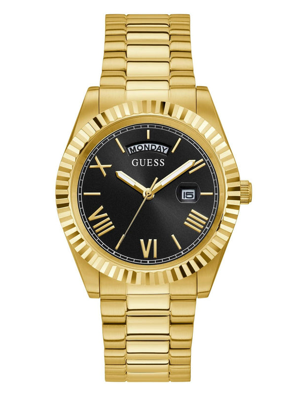 GUESS Mens Dress Multifunction 42mm Watch – Gold-Tone Stainless Steel Case with Black Dial & Bracelet