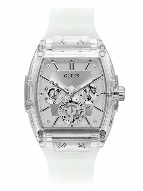 GUESS Men Stainless Steel Quartz Watch with Plastic Strap, White, 24 (Model: GW0203G1), Clear/Silver/Clear