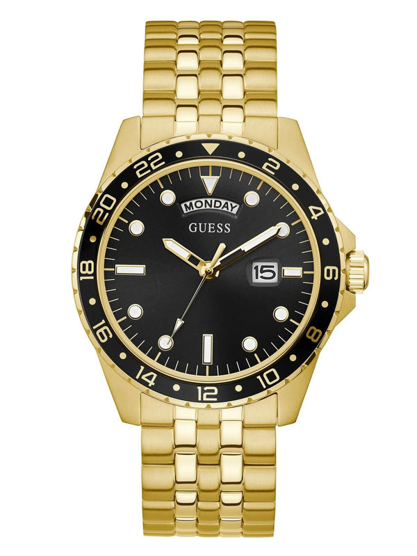 GUESS Men's Dress Day-Date 44mm Watch – Black Dial with Gold-Tone Stainless Steel Case & Bracelet